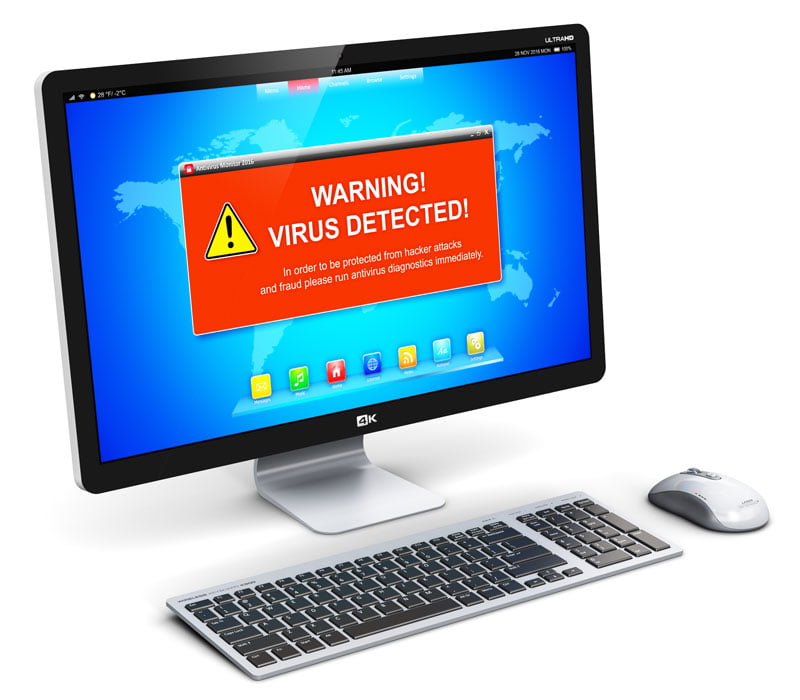 Ein Desktop-PC auf weissem Hintergrund mit einer roten Virus-Warnung auf dem Bildschrim.
